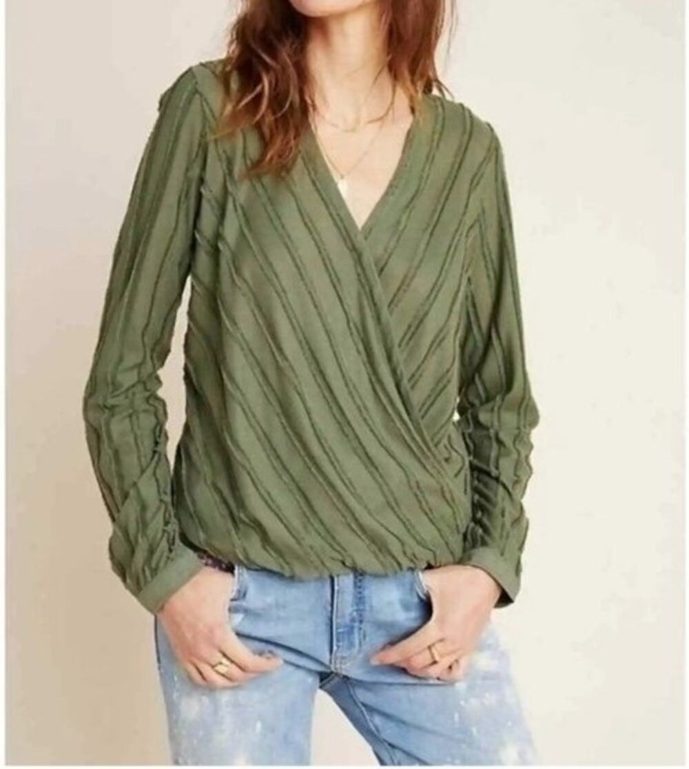 Maeve by Anthropologie Olive Green Striped V-Neck Blouse Longsleeve Size XS